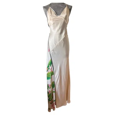 Pre-owned Rabanne Paco  Cream Satin Floral Evening Dress With Metal Chain Details, Size 36 In White