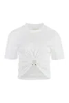 Rabanne White Crewneck Top With Short Sleeves And Ruched Cut-out On The Front In Cotton Woman