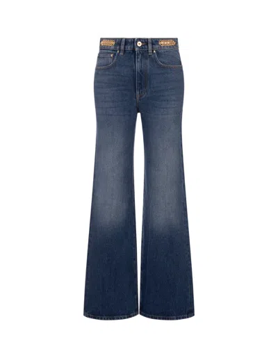 Rabanne Mid Rise Denim Straight Jeans W/ Chain In Blue