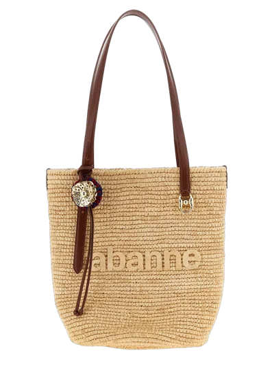 Rabanne Paco  Embossed Logo Raffia Tote Bag In Beige