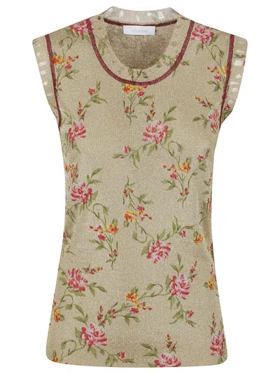 Rabanne Paco  Floral Print Sleeveless Top With Contrasting Trim In Metallic