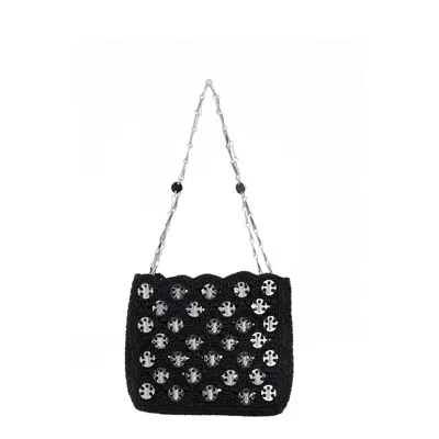 RABANNE PACO RABANNE ICONIC 1969 BLACK SHOULDER BAG WITH EMBEDDED METALLIC DISCS IN RAPHIA