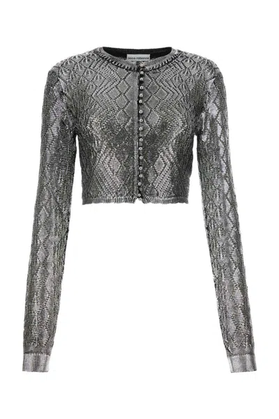 Rabanne Ladies Black Sequin-design Cropped Cardigan In Silver