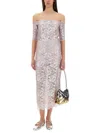 Rabanne Fitted Off-the-shoulder Lace Midi Dress With Silver Accents In Gray