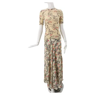 Pre-owned Rabanne Paco  Ribbed Cotton Knit Ss Sweater & Coordinating Satin Print Maxi Skirt In Beige