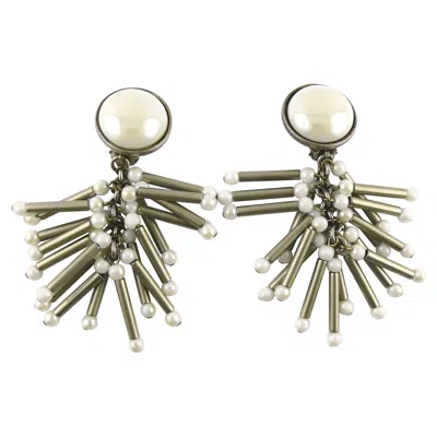 Pre-owned Rabanne Paco  Vintage Antiqued Silver Toned Tubular Charms Dangling Earrings In Sand
