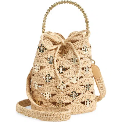 Rabanne Paco Wave Raffia Bucket Bag In Natural/light Gold