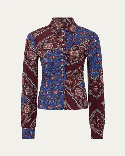 RABANNE PAISLEY PATCHWORK RUCHED BUTTON-FRONT SHIRT