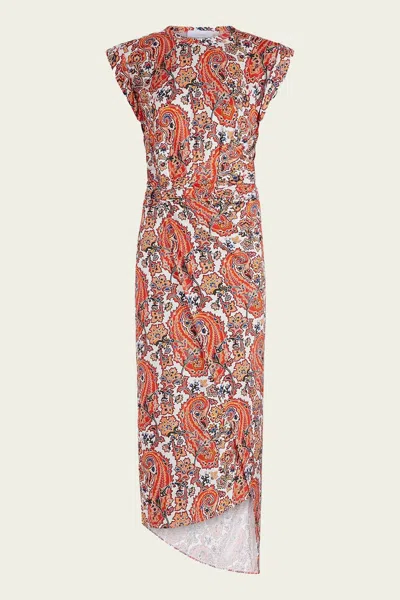 Rabanne Paisley-print Draped Midi Dress In Cachemire Creme In Red