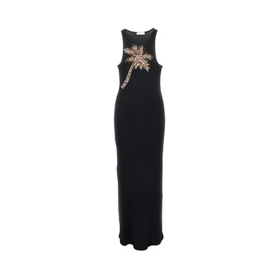 RABANNE PALM TREE EMBROIDERY RIBBED LONG DRESS