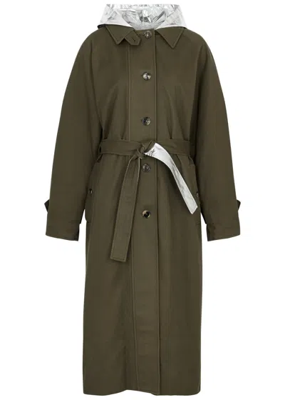 Rabanne Panelled Hooded Cotton Trench Coat In Green