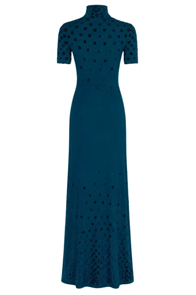 Rabanne Petrol High Neck Side Draped Viscose Dress In Blue