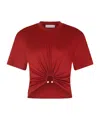 Rabanne Embellished Ruched Glossed-jersey T-shirt In Red
