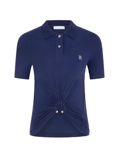 Rabanne Piercing-detail Monogram-motif Polo Shirt In Blue