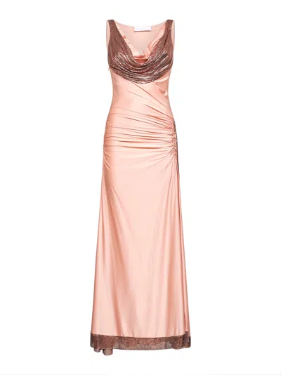 Rabanne Pink Viscose Jersey And Mesh Long Dress