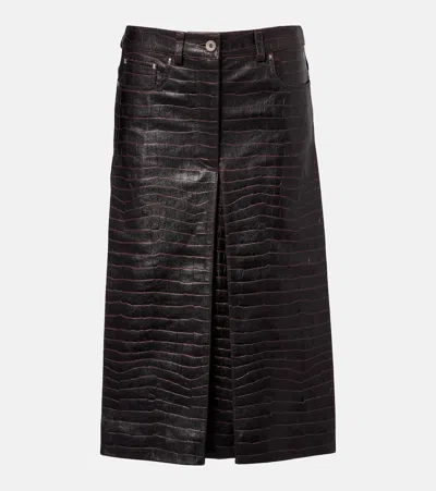 Rabanne Pleated Croc-effect Leather Midi Skirt In Brown