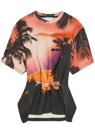 Rabanne Printed Gathered Linen And Cotton-blend T-shirt In Multi