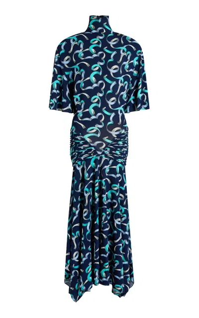 Rabanne Printed Ruched Midi Dress In Blue