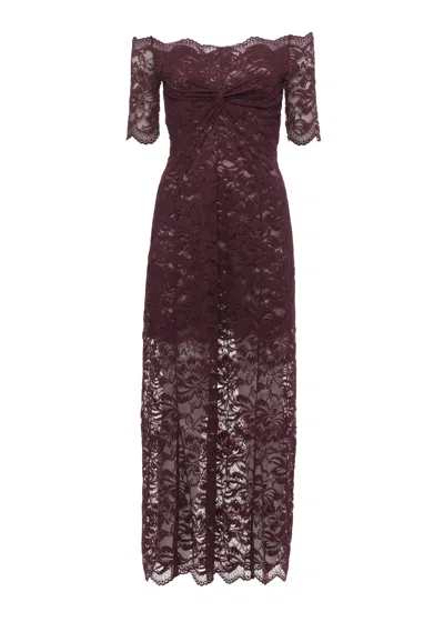 Rabanne Purple Lace Midi Dress With Boat Neckline And Drape Front Detail In Multi