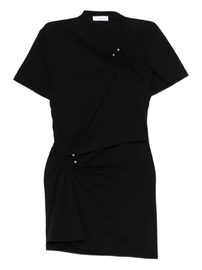 Rabanne Knee Length Asymmetric Cotton Dress Ruched Hem In Black