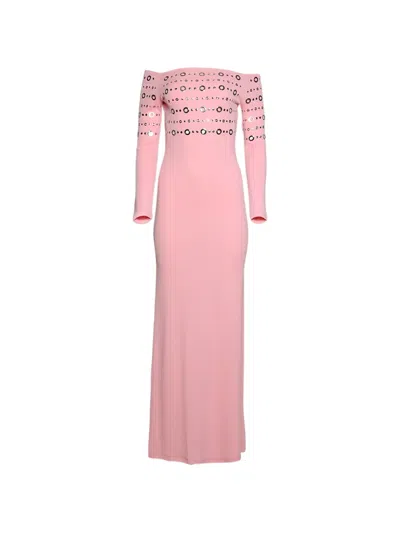 Rabanne Embellished Off The Shoulder Long Sleeve Jersey Dress In Pink