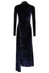 Rabanne Mock-neck Asymmetric Ruched Velvet Midi Dress In Blue