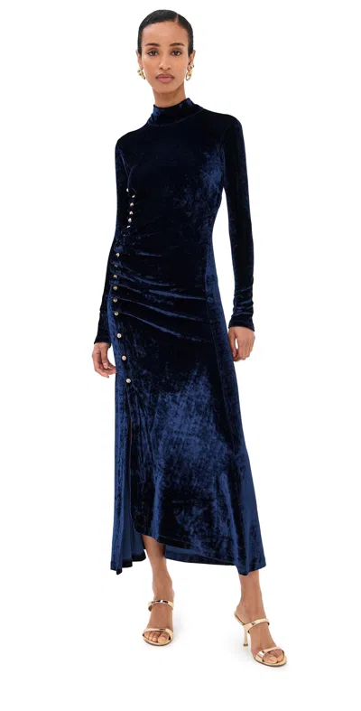 Rabanne Asymmetric Ruched Embellished Velvet Turtleneck Dress In Blue