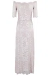 Rabanne Fitted Off-the-shoulder Lace Midi Dress With Silver Accents In Powder Pink Silver