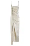 Rabanne Button-embellished Ruched Maxi Dress In Silver Gold