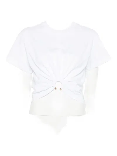 Rabanne White Crewneck Top With Short Sleeves And Ruched Cut-out On The Front In Cotton Woman