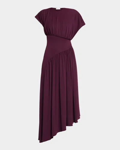 Rabanne Ruched Jersey Asymmetric Drop-waist Midi Dress In Purple