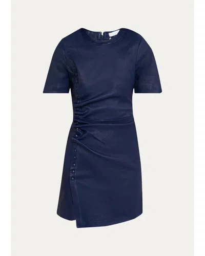 Rabanne Ruched Leather Short-sleeve Mini Dress In Blue