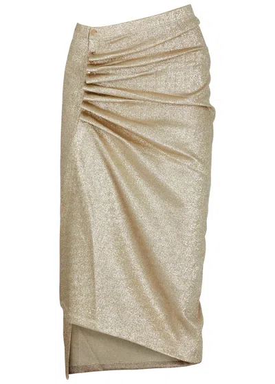 Rabanne Ruched Metallic-knitted Midi Skirt In Gold
