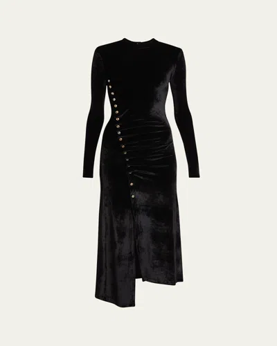 Rabanne Ruched Velvet Side Button Dress In Black