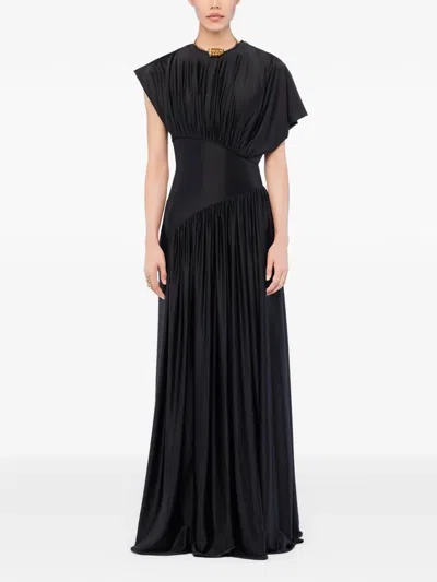Rabanne Asymmetric Gathered Satin Maxi Dress In Black