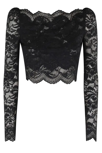 Rabanne Scalloped Boat Neck Transparent Lace Polyamide Long Sleeve Top In Black
