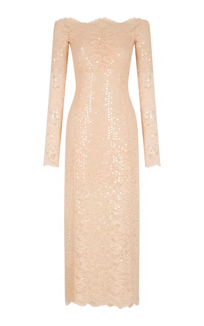 Rabanne Scalloped Stretch-lace Sequined Maxi Dress In Neutral