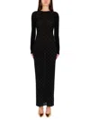 Rabanne Fitted Long Knit Dress With Round Neckline And Rhinestone Embellishments In Blue