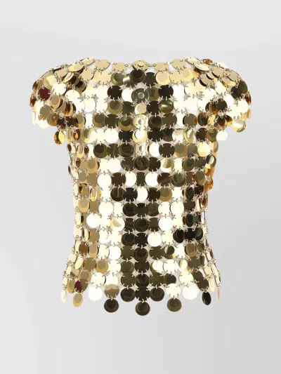 Rabanne Sequin Embellished Metallic Finish Short Sleeve Top In Gold