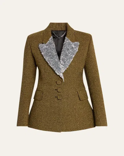 Rabanne Sequin Lapel Wool Single-breasted Jacket In Green