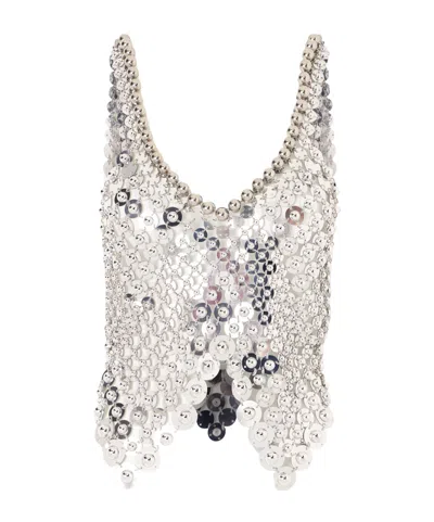 Rabanne Sequined Bead-embellished Silver-tone Chainmail Tank In White