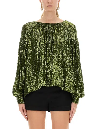 Rabanne Sequined Crepe De Chine Turtleneck Top In Green