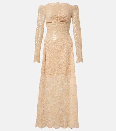 Rabanne Sequined Off-shoulder Lace Maxi Dress In Neutral