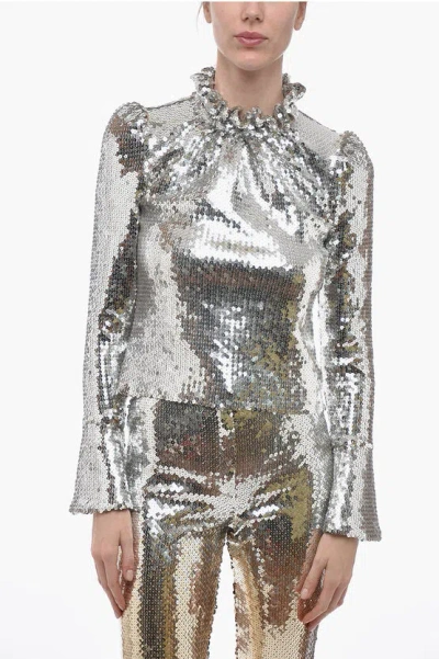 Rabanne Sequined Stand Collar Top In Silver