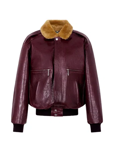 Rabanne Shearling-collar Leather Bomber Jacket In Burgundy
