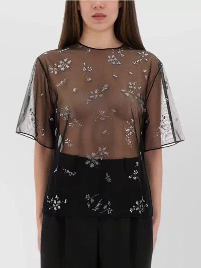 Rabanne Sheer Floral Embellished Short Sleeve Top