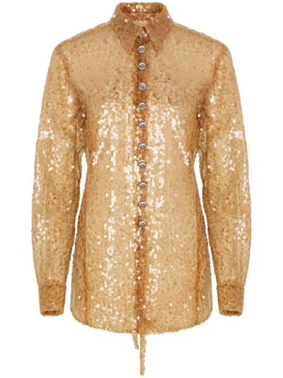 Rabanne Sheer Sequined Shirt In Brown