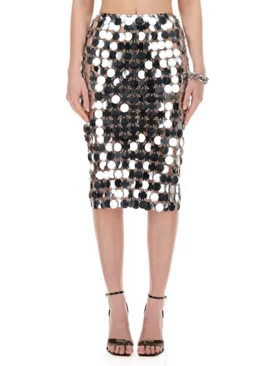 Rabanne Shimmering Midi Skirt With Circular Plastic Discs In Silver