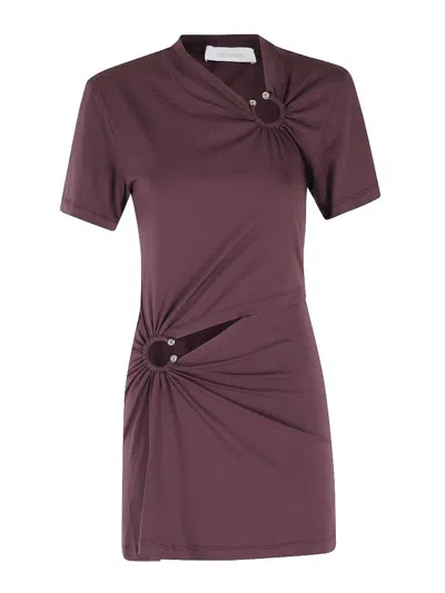 Rabanne Embellished Gathered Cut-out Cotton-blend Jersey Mini Dress In Purple