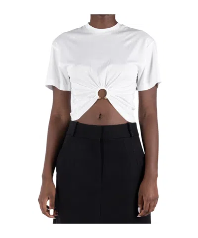 Rabanne White Crewneck Top With Short Sleeves And Ruched Cut-out On The Front In Cotton Woman